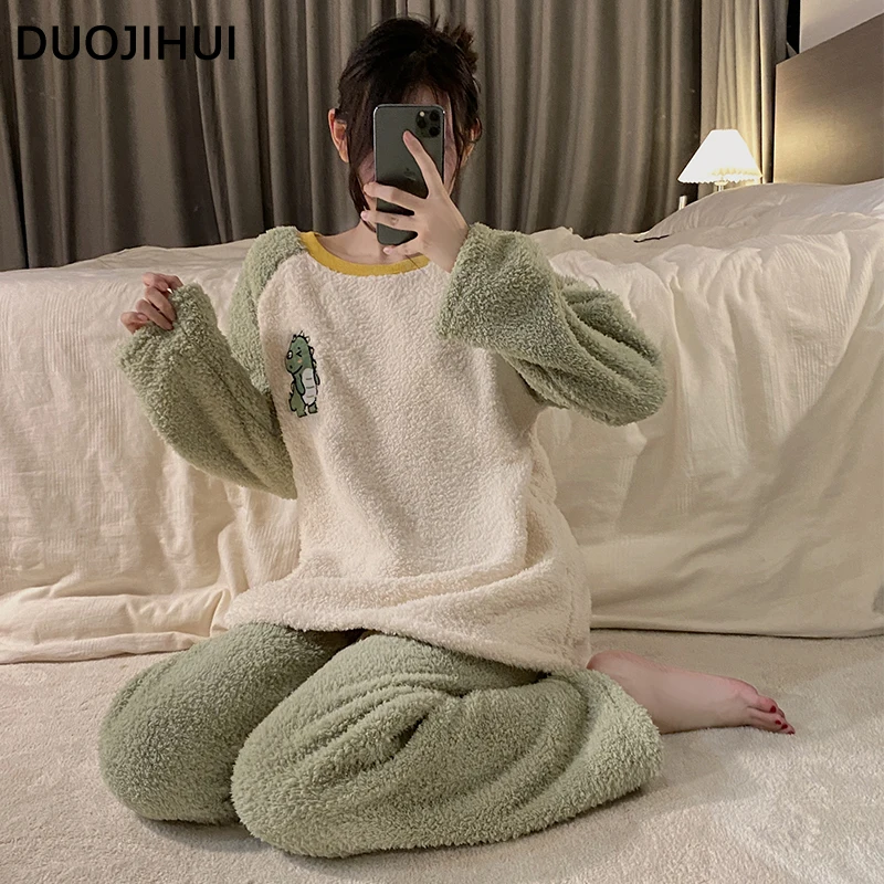 DUOJIHUI Sweet O-neck Pullovers Loose Pants Casual Home Pajamas for Women New Winter Soft Fashion Spell Color Female Pajamas Set