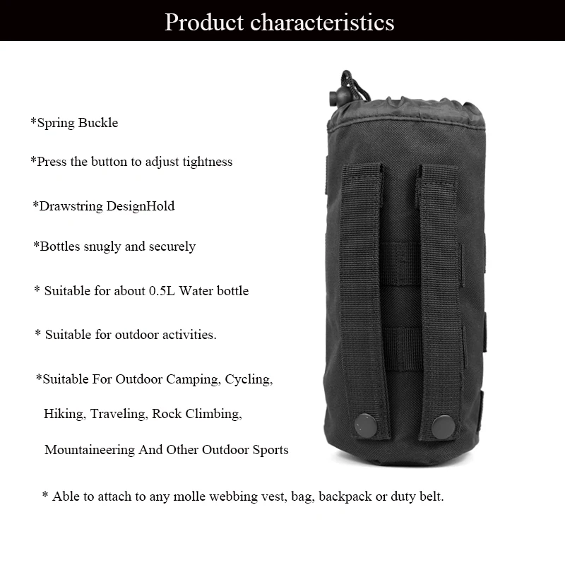 Schwarze taktische Wasserflaschentasche, multifunktionales Outdoor-Nylon-Lochdesign mit verstellbarem Kordelzug für Molly-System und Ausrüstung. – Detail 1