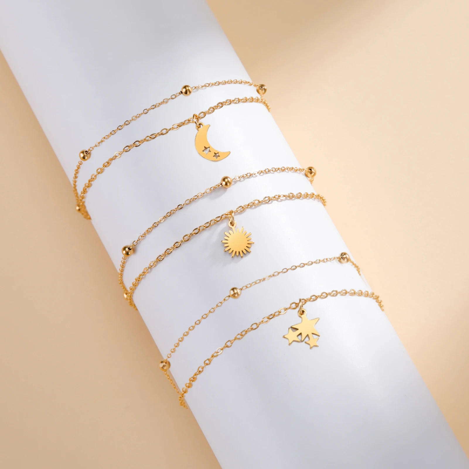 Skyrim-Inspired Sun and Moon Charm Double-Layer Bracelet – Stainless Steel Jewelry Gift