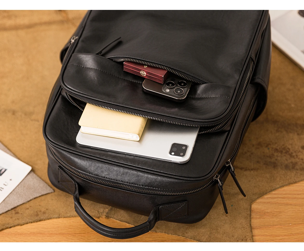 PNDME Outdoor-Reise-Luxus-Laptop-Rucksack aus echtem Leder für Herren, schlicht, lässig, Designer, handgefertigt, Rindsleder, schwarze Büchertasche – Detail 14