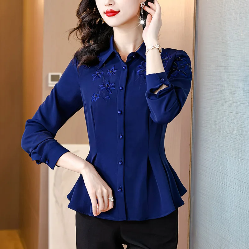Office Lady Elegant Embroidery Fashion Shirt Women Temperament Casual Long Sleeve Blouses Chic Button Soft Loose Tops