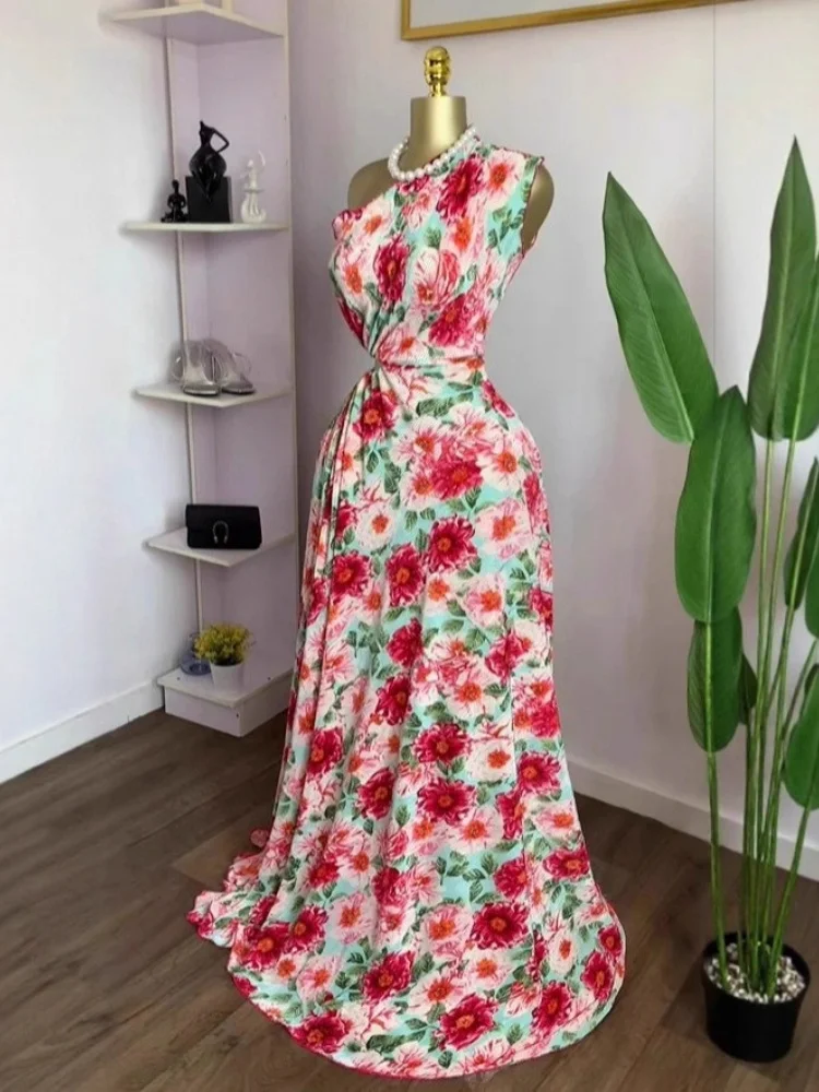 Wmstar Dress Women Wholesale Stock 2025 Cross Border Bohemian Slanted Neck Backless Cinched Waist Slimming A Line Printed Long