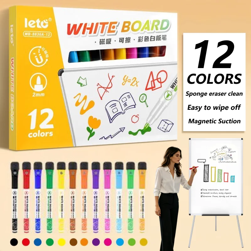 12COLORS 자석식 건식 지우개 마커, 지우개 포함, 속건성 잉크, 쉽게 쓰..