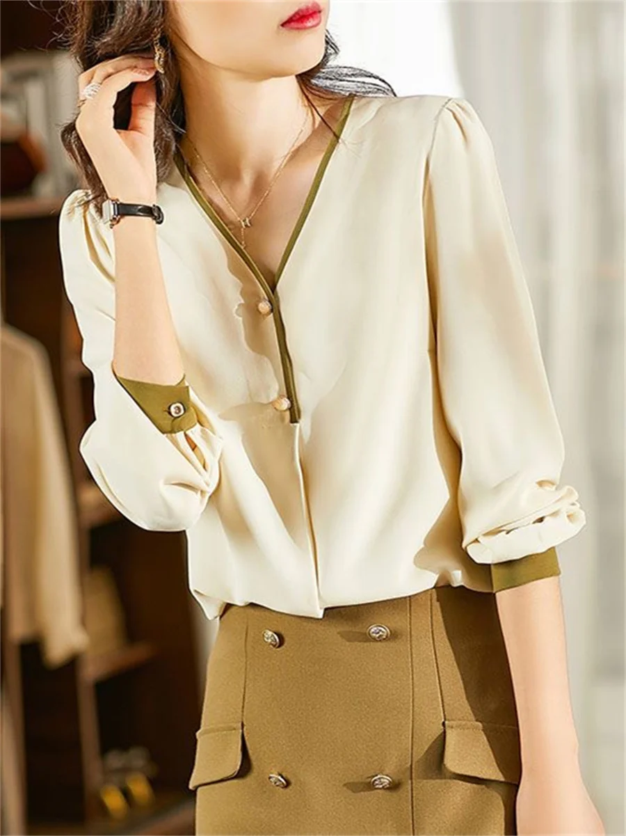 

Woman Spring Autumn Style Blouses Shirts Lady Casual Long Sleeve V-Neck Patchwork Blusas Tops DF4632
