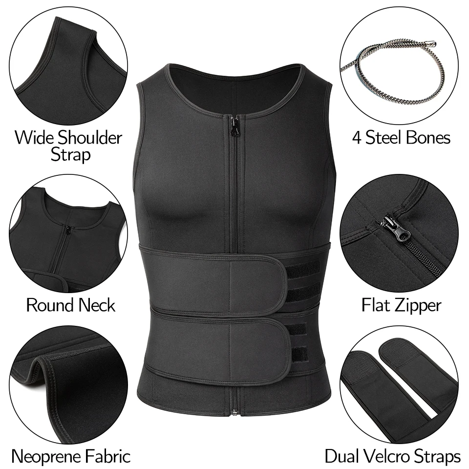 Men Body Shaper Waist Trainer Neoprene Sauna Suit Sweat Vest Weight Loss Shirt Fat Burner Workout Tank Tops with Double Zipper body shaper waist trainer sweat sauna suit compression sports vest compression sports top muscle shaper