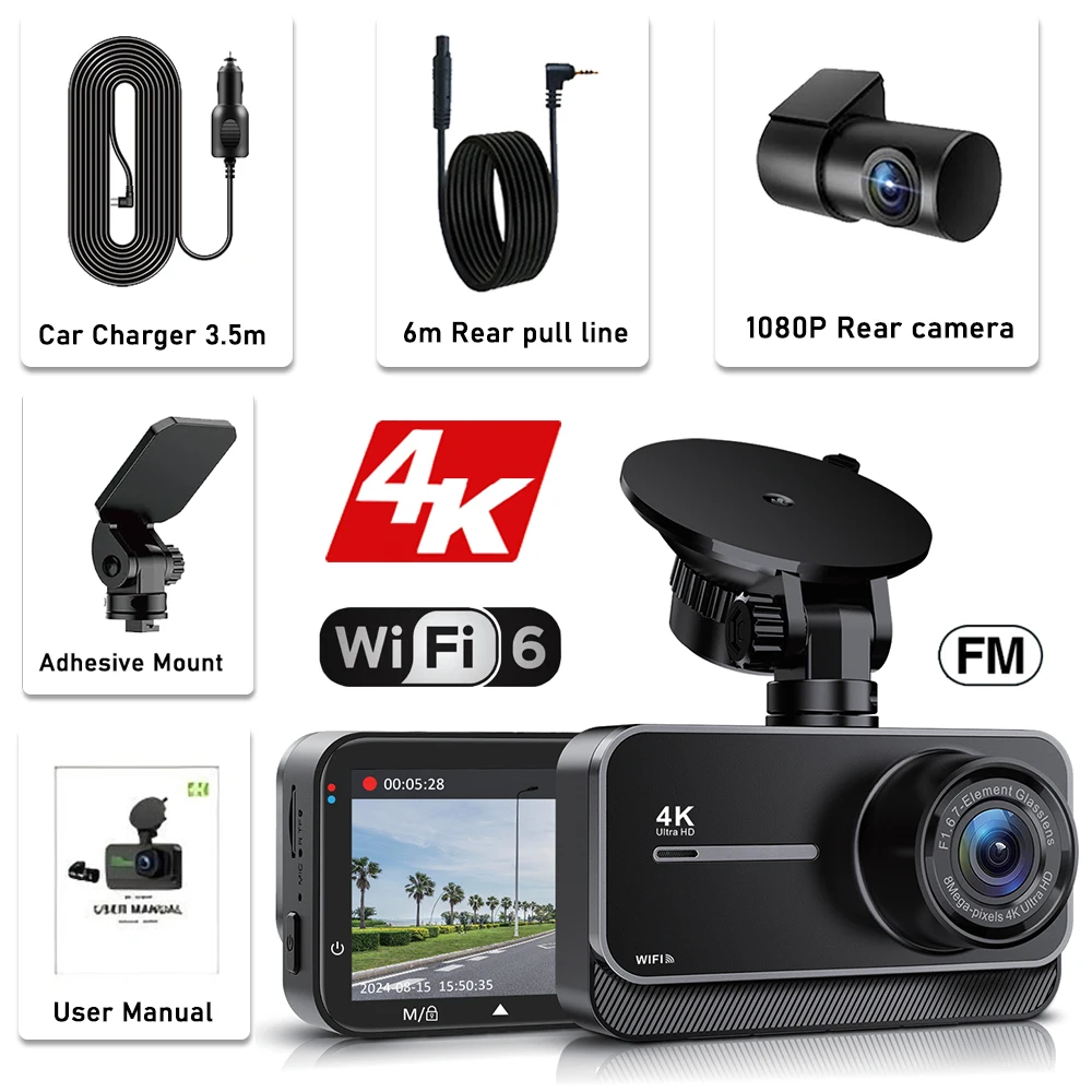 מצלמת רכב 4K Dash Cam עבור מצלמת רכב מצלמת WIFI עבור מצלמת רכב קדמית ואחורית תיבת שחורה מצב חניה 24 שעות מקליט