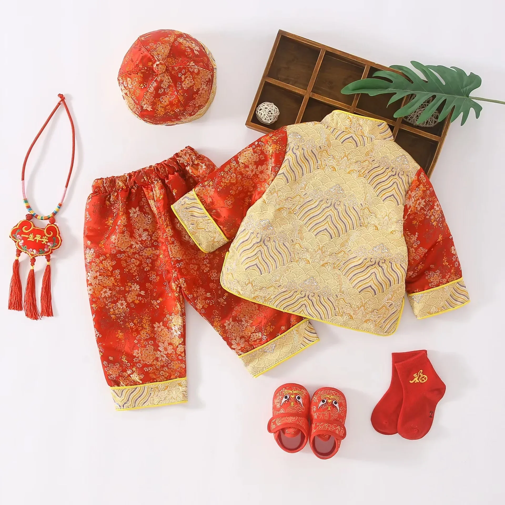 NEW Tang Suit Chinese Traditional Costume For Newborn Baby Boys Embroidery Winter Red New Year Birthday Gift Christmas Shoes
