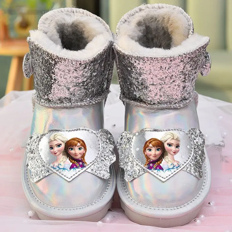 

Disney Girls' Snow Boots Children's Shoes Winter Genuine Leather Cotton Boots Snow Cotton Thickened Anti Slip Baby Ankle Boots