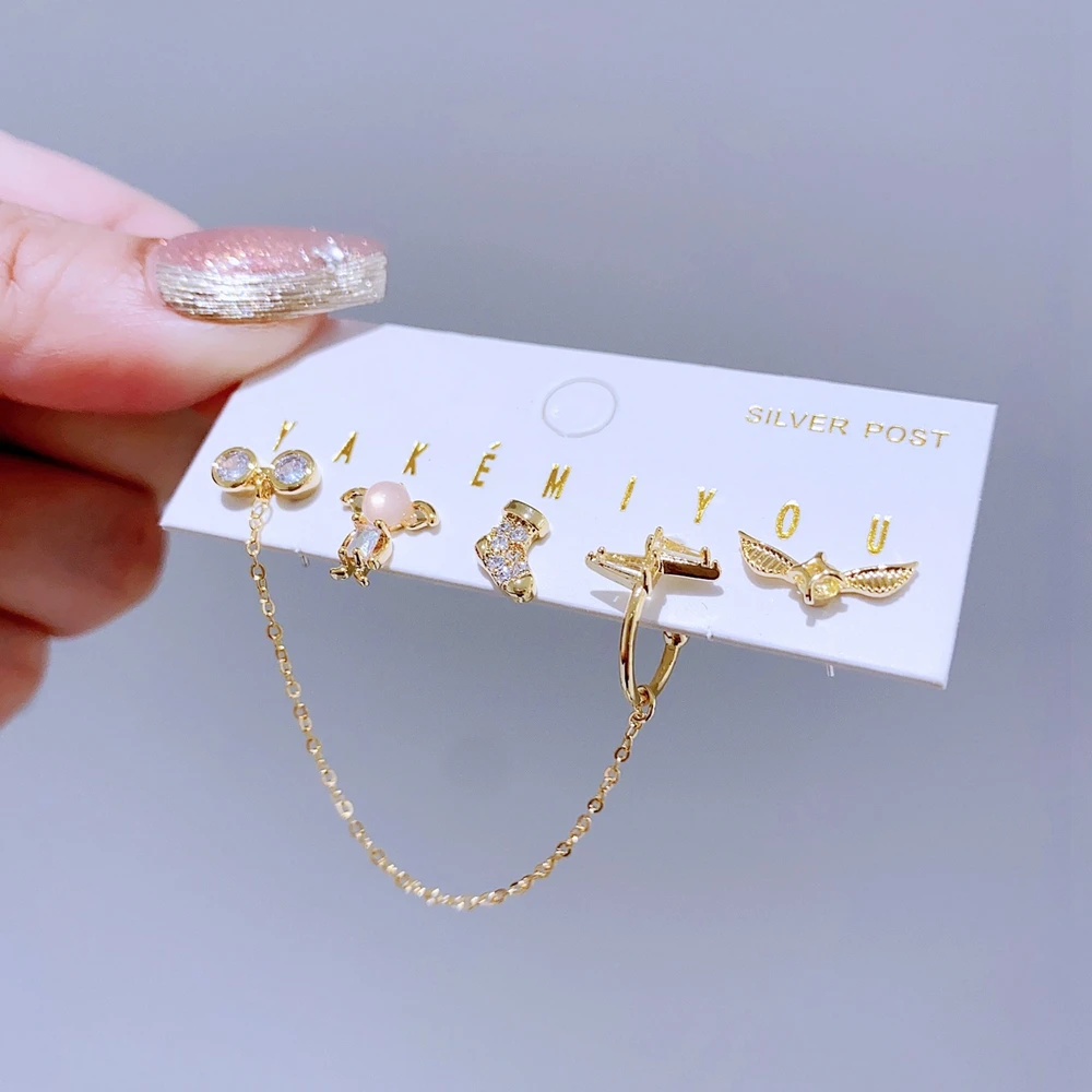 5pcs/set Mixed Cartoon Stud Earrings Gold Color Plated Cubic Zirconia Crystal Women Girls Jewellery 4