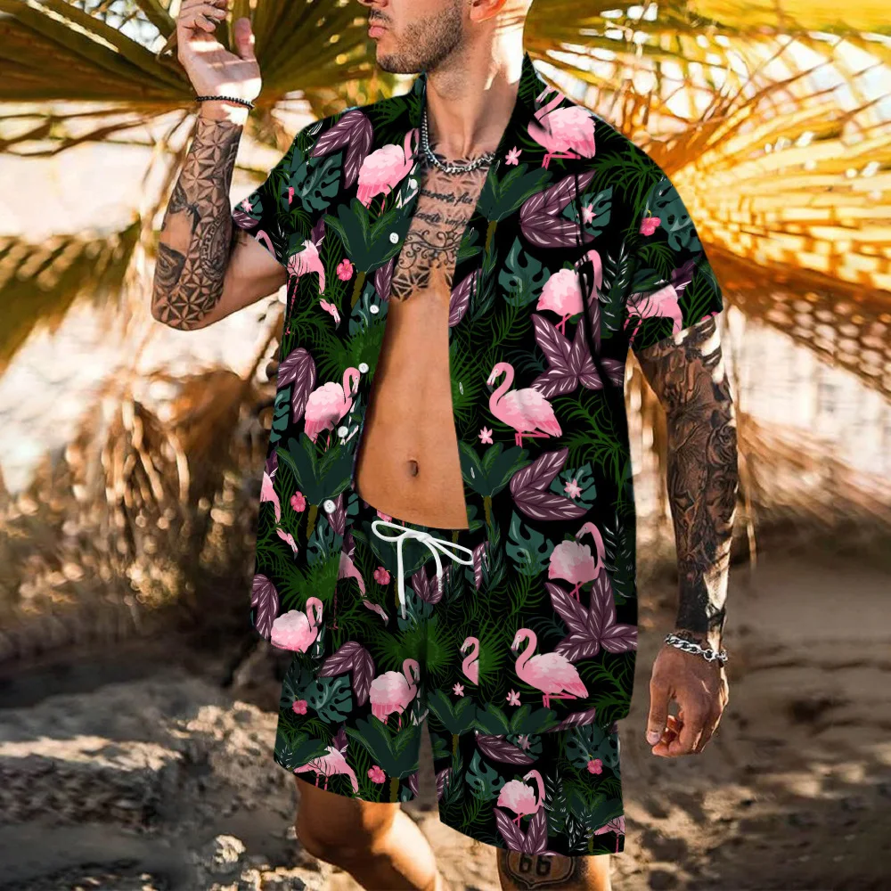 Beach printed Hawaii Set Men's 2Pcs Shirt 3D Print Loose Leisure short sleeve Beach Shorts Shirt Holiday Fashion Two piece Set