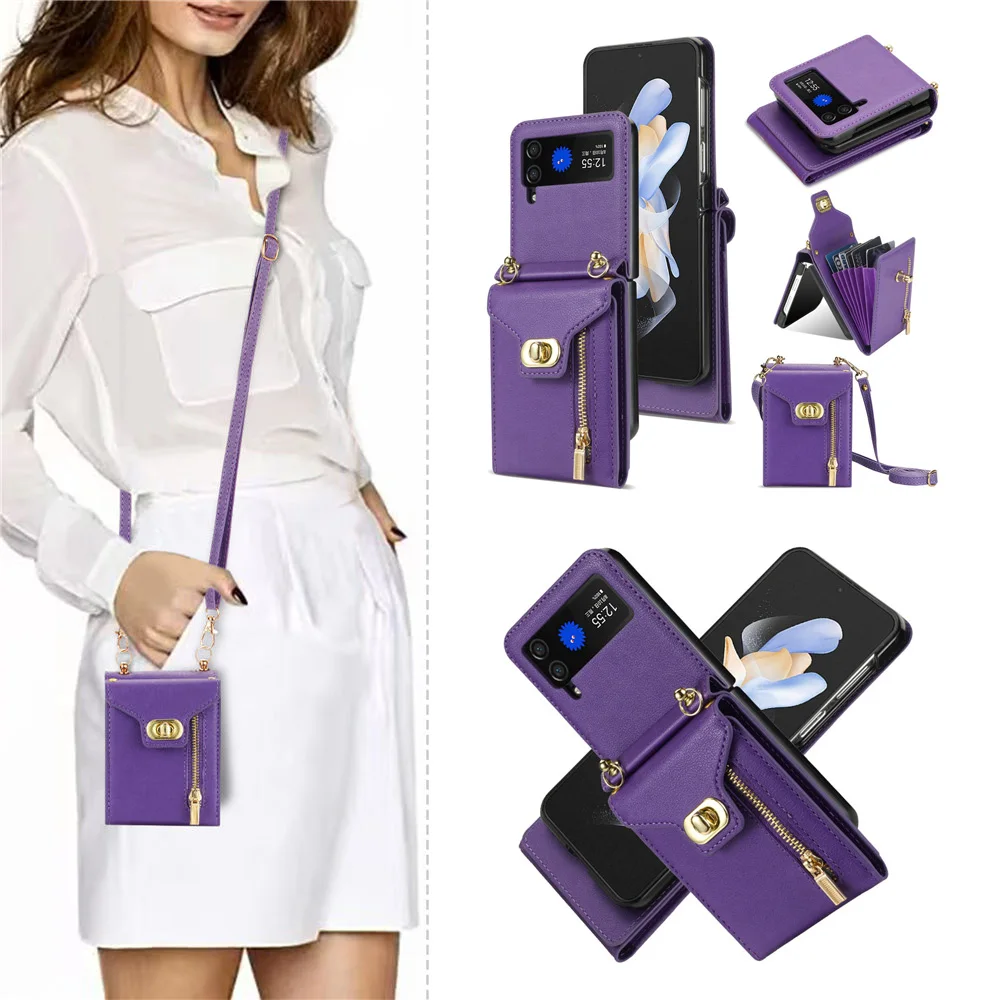 Elegant Leather Crossbody Wallet Case with Credit Card Holder and Long Lanyard