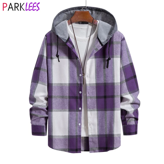 Men's Plaid Long Sleeve Flannel Shirt with Hoodie 2023 Brand New Regular  Fit Button Down Checked