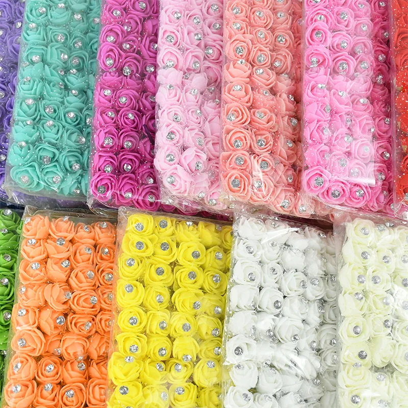 144Pcs 2cm Diamond Artificial Mini Foam Rose Flower Bouquet DIY Wreath Craft Wedding Party Decoration Scrapbooking Fake Flowers