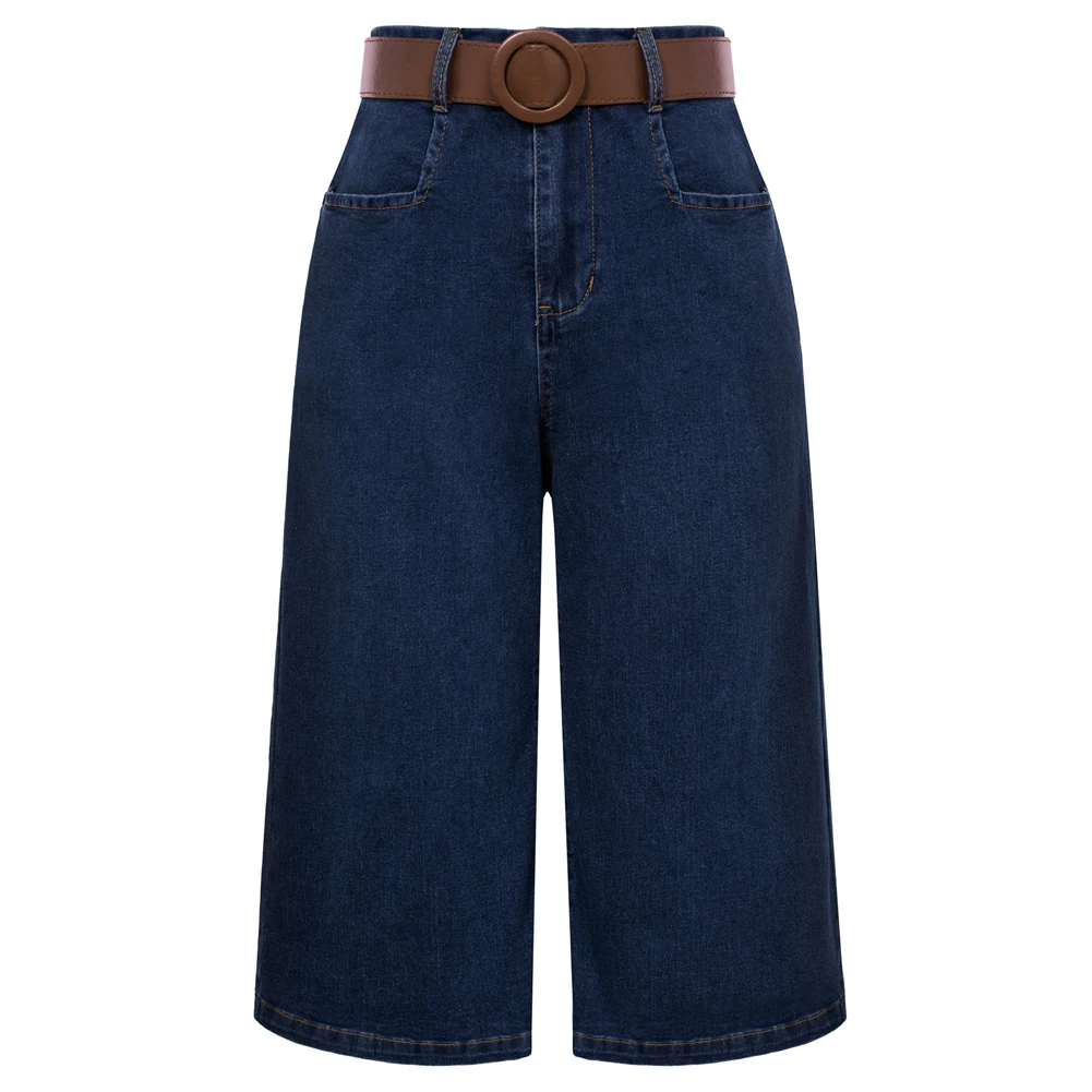 BP Jeans Women Vintage Wide Leg Capri With Belt Elastic-Waist Jean Pants Slimming Fashion Straight Wide Leg Casual Streetwear
