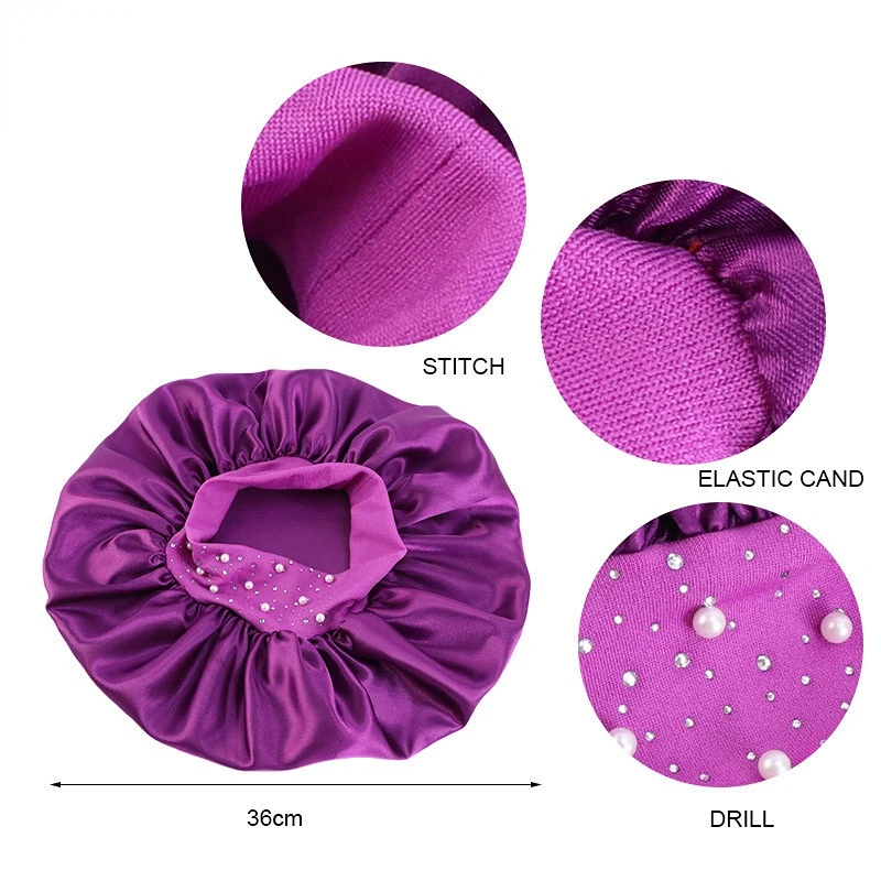 High-quality Silky Bonnet Elastic Wide Band Women Satin Bonnet Beaded Sleeping Cap Adult Night Protection Hair Hat Head Wra 6