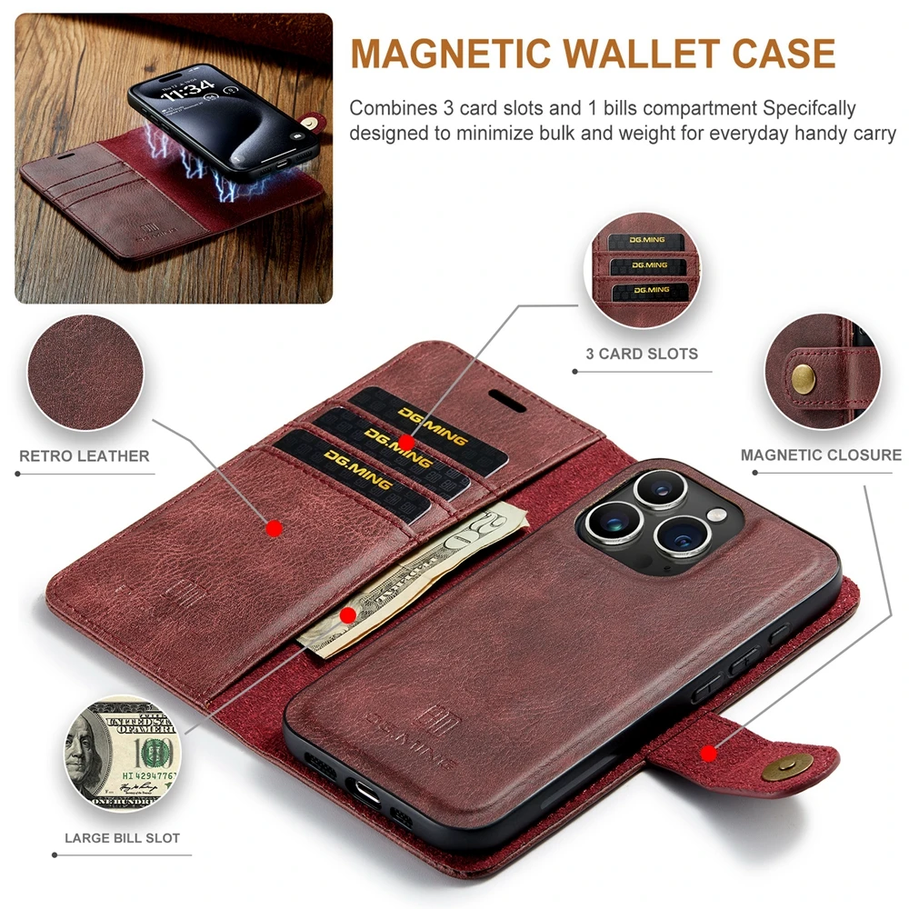 Premium Detachable Leather Wallet Phone Case with Magnetic Flip and Card Slots