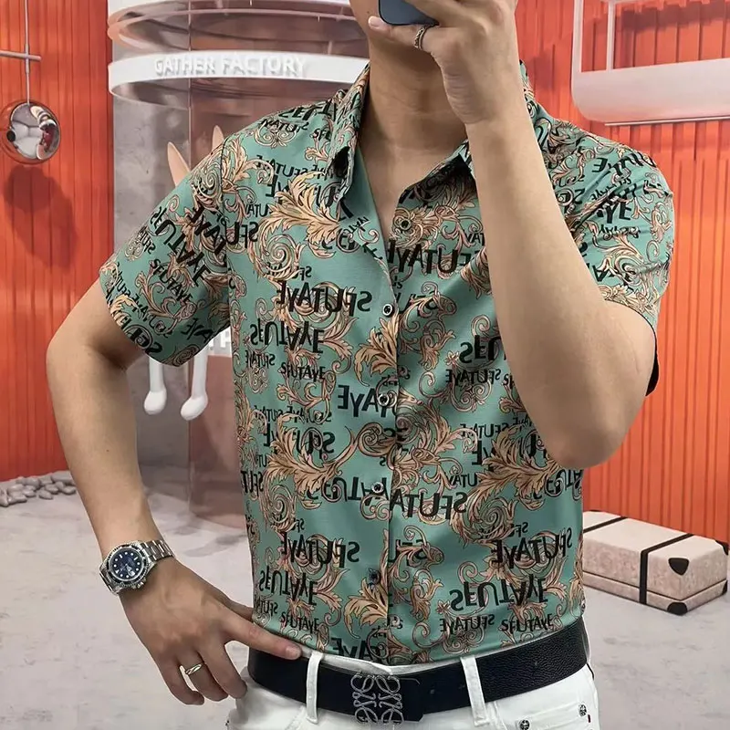 Elegant Fashion Harajuku Slim Fit Ropa Hombre Loose Casual All Match Shirt Printed Button Pointed Collar Short Sleeve Blusa