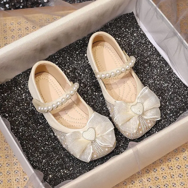 Girls Pearls Casual Shoes Soft Sole Bow Princess Shoes for Children