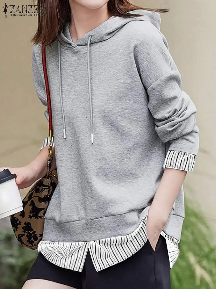 

Women Sweatshirts ZANZEA Spring Hooded Hoodies Casual Long Sleeve O-Neck Patchwork Blouse Elegant OL Work Tops Female Pullovers