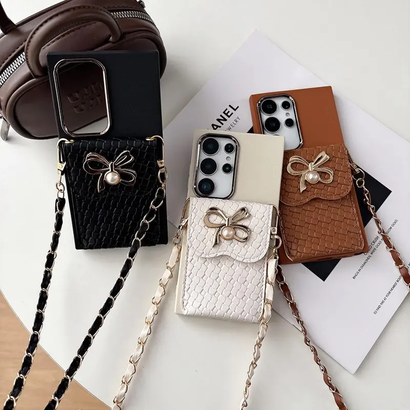 Elegant Chain Lanyard Leather Pearl Wallet Phone Case with Soft Cover