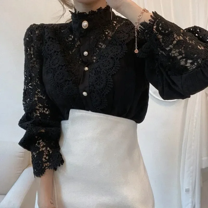 Spring Autumn Hollow Out Lace Blouse Women Chic Button Vintage Shirt Stand Collar Tops All-match Long Puff Sleeve Clothes 12419
