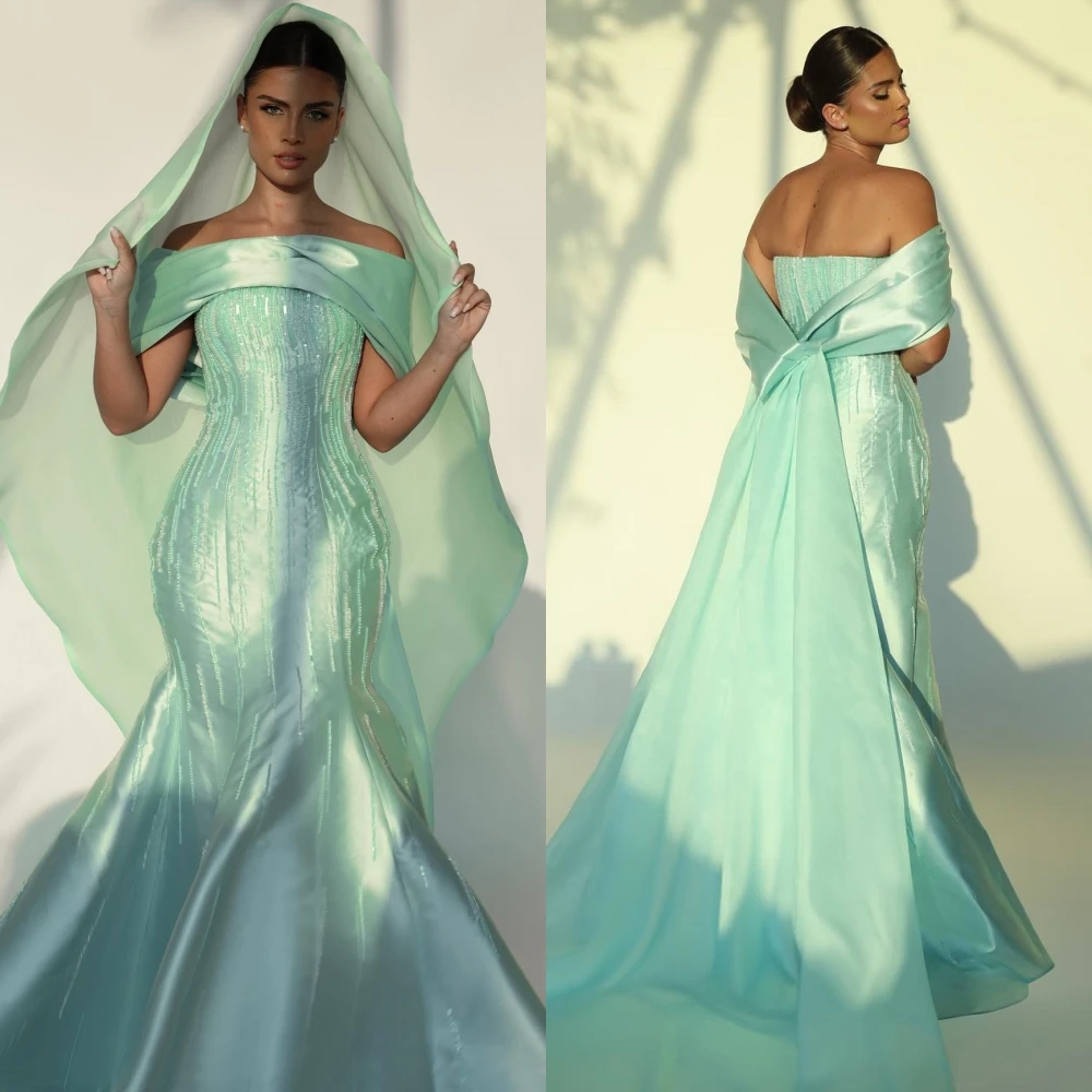 

Exquisite Matching Bateall Mermaid Floor Length Prom Dresses Formal Ocassion Gown Beading Satin vestidos de fiesta para mujer