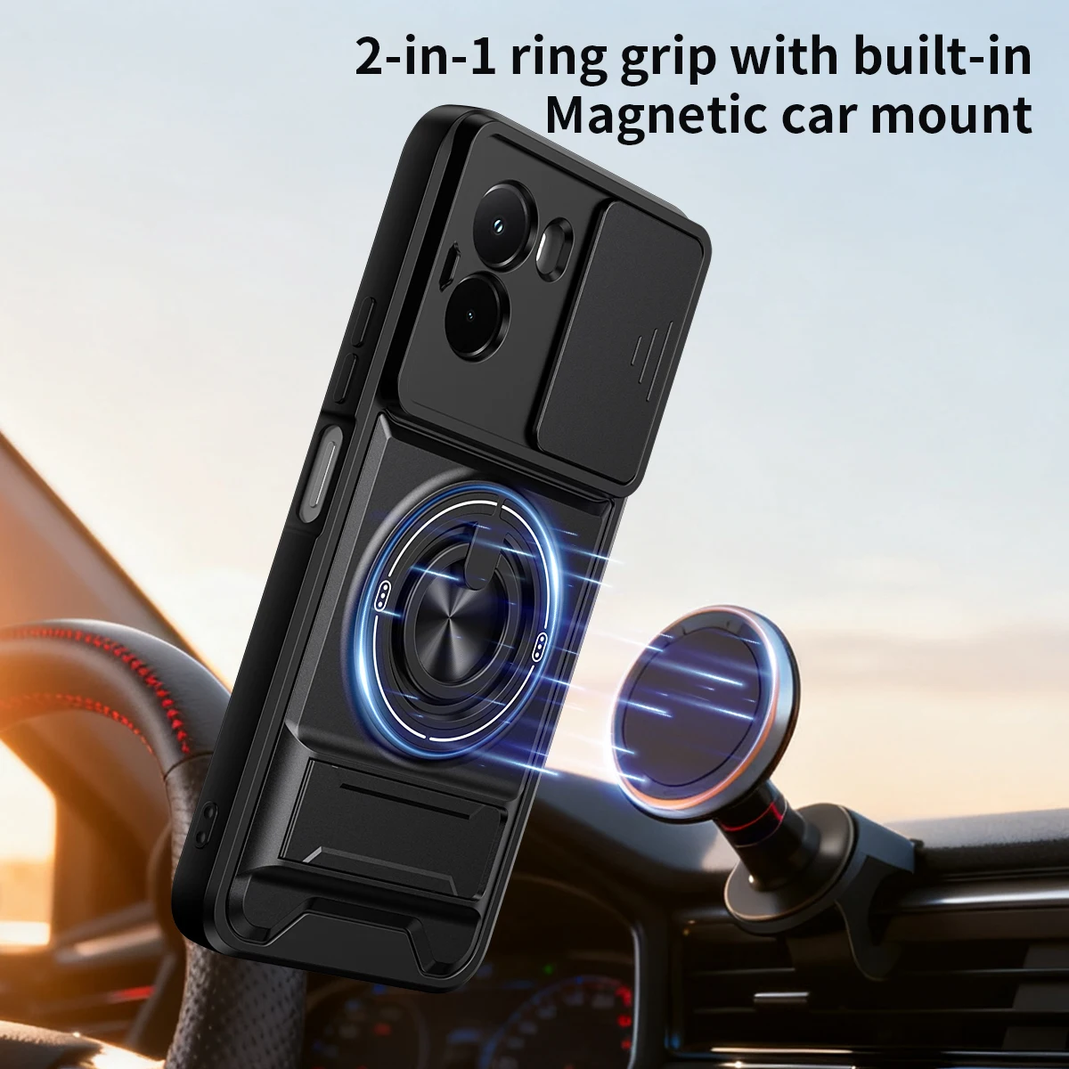 Magnetic Ring Car Mount Phone Case with Sliding Lens Cover and Dual Bracket Design