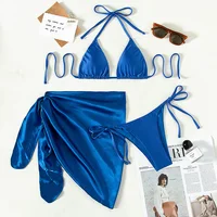 INGAGA 3 Piece Bikini Halter Swimwear 2022 Solid Women’s Swimsuit with Skirt Sexy Biquini Beach Cover Up Brazilian Bathing Suits