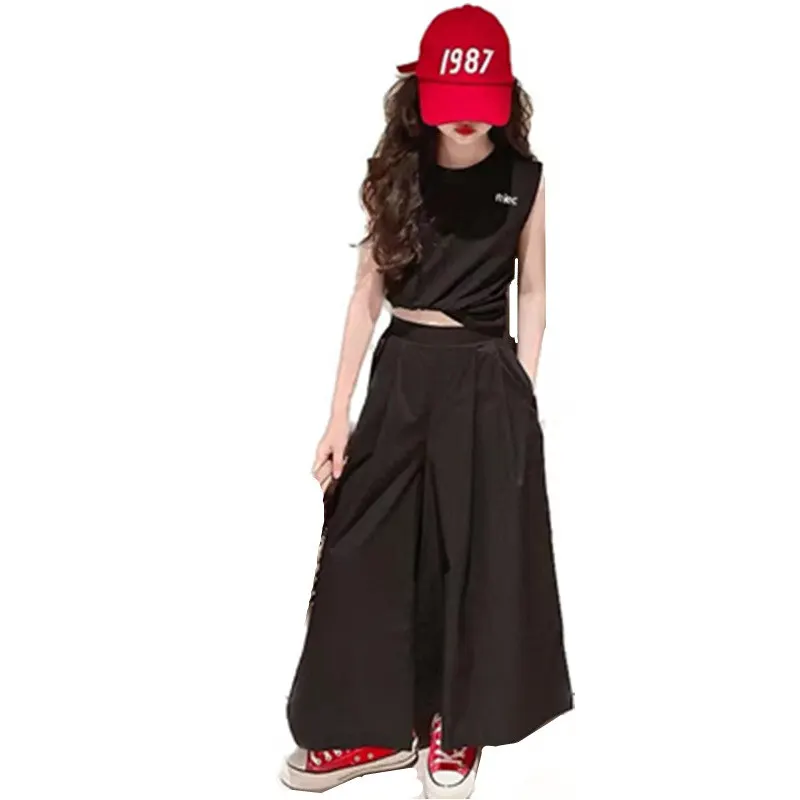 

Summer Teenage Girls Cotton Clothing Set Sleeveless Vest + Wide Leg Pants Loose Casual 2Pcs Black Sport Outfits for Kids Clothes