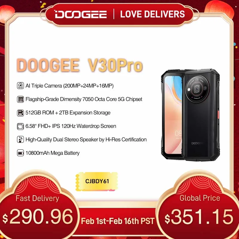 World Premiere Doogee V30 Pro Rugged Phone 200Mp Camera Dimensity 7050 5G Smartphone 6.58 "Fhd Display 10800Mah 32 Ram + 512 Rom