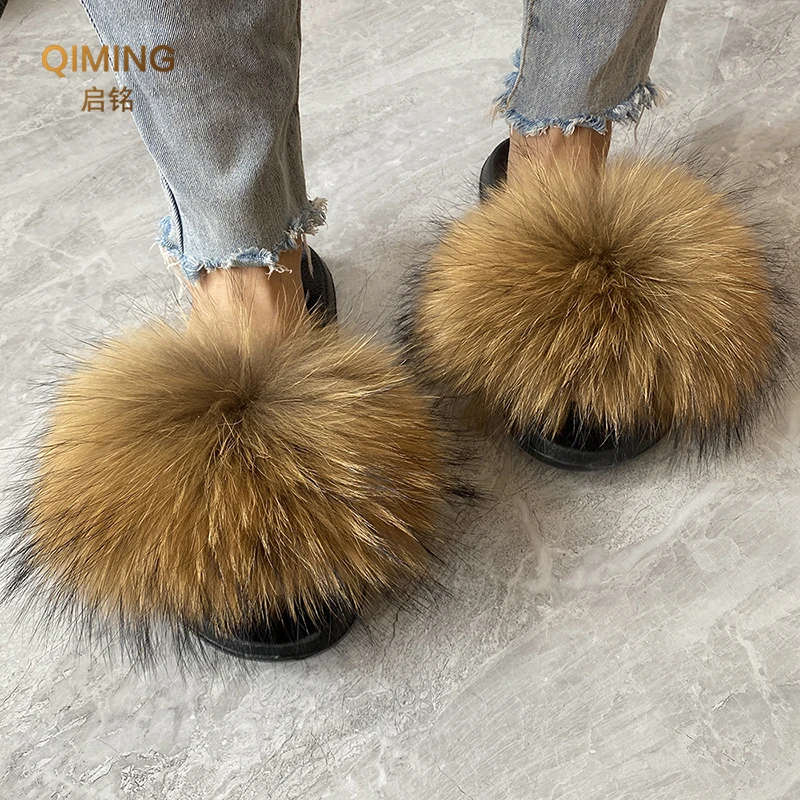 

Summer Real Fur Slippers Ladies House Shoes Women Fluffy Raccoon Fur Slides Flip Flop Flat Furry Outdoor Sandals Woman Shoes