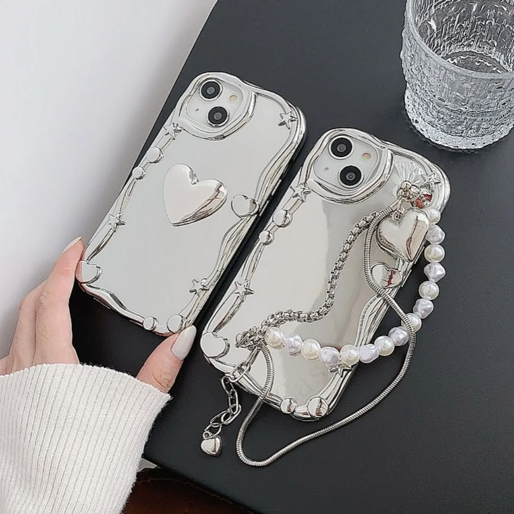 Korea Y2k Star Silver Plating 3d Heart Pearl Chain Strap
