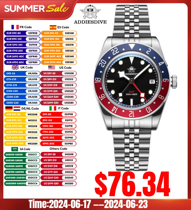 ADDIESDIVE 39mm Men Luxury Watch Bubble Mirror Glass 20Bar Waterproof BGW9 Super Luminous GMT Watch Quartz Watches Reloj Hombre