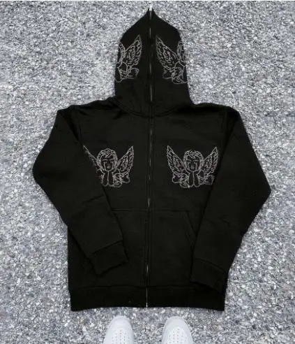 

Y2k Clothes Skull Rhinestone Zip Up Hoodie Harajuku Hooded Sweatshirt Streetwear Hip Hop Gothic Oversized Women Jackets Coat