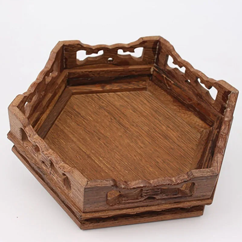 Wood Carving Hexagon Base, Vase, Teapot, Flower Vases, Crafts Decoration, Jade Stone Wooden Base
