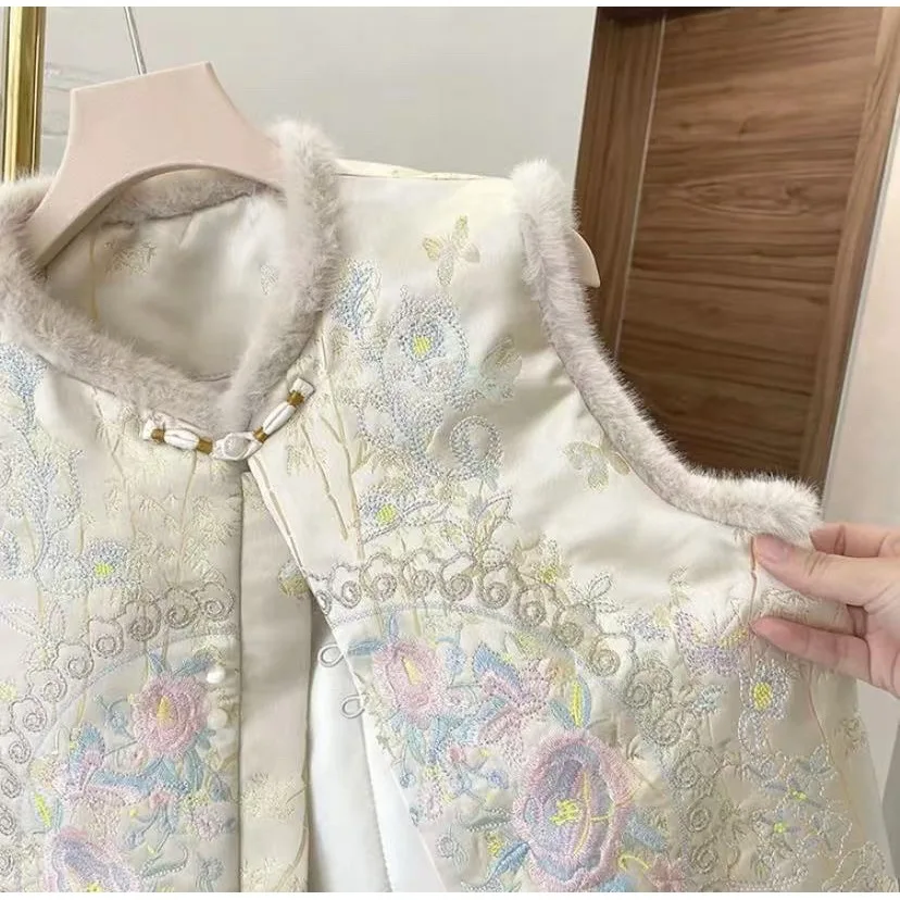 Autumn Winter Thicken Cotton Chinese Style Top Women Warm Qipao Vest Embroider Flower Sleeveless Jacket Hanfu Coat Costume