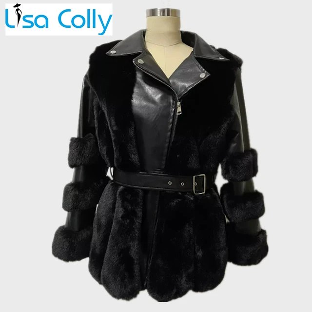 Giacca donna in ecopelle con collo in pelliccia sintetica parka manica  lunga con tasche caldo cappotto invernale con cintura