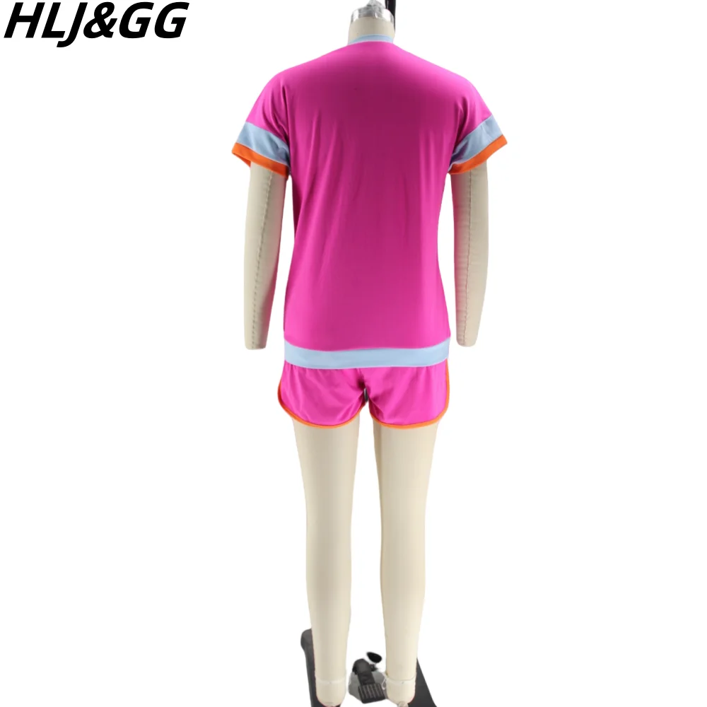 HLJ&GG Summer New Color Splicing Shorts Two Piece Sets Women O Neck Top And Shorts Outfits Female Solid Matching 2pcs Streetwear