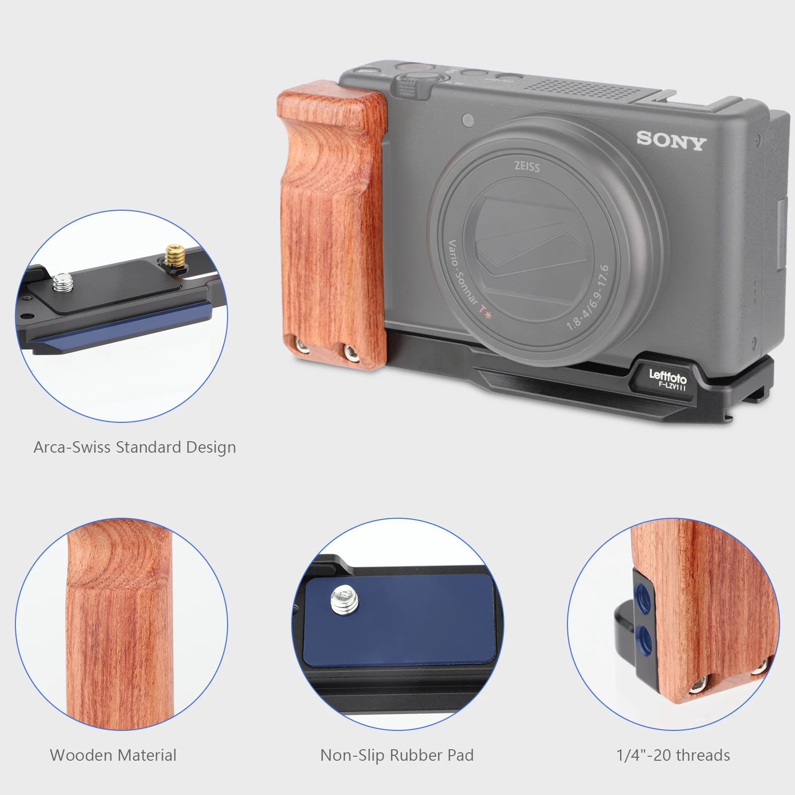 LEFTFOTO L-Halterungs-Entriegelungsplatte mit Holzgriff für Sony ZV-1 II /ZV-1/ZV1F/ZV-1M2/ZV-1 Mark II Vlog Digitalkamera – Detail 7