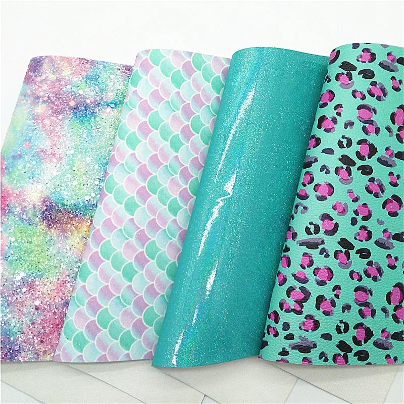 Rainbow Chunky Glitter Leather Mermaid Leopard Printed Synthetic Leather Vinyl Sheets For Bows DIY 21x29CM Q804