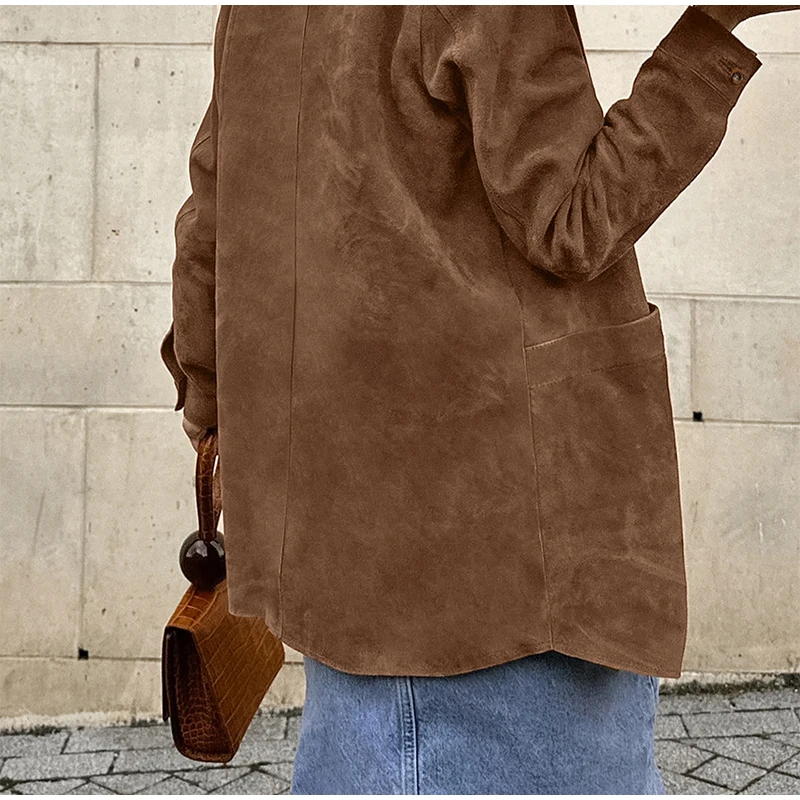 Casual Suede Long Sleeve Jackets Women Autumn Loose Brown Lapel Coat Top With Pockets Female Elegant Chic Street New in Outwear
