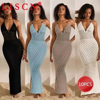 10 Wholesale Items for Resale 2026 Summer Cover Ups Women Sexy Y2k Beach Dress Sexy V-neck Knitting Hollow Out Clothing K16866 1