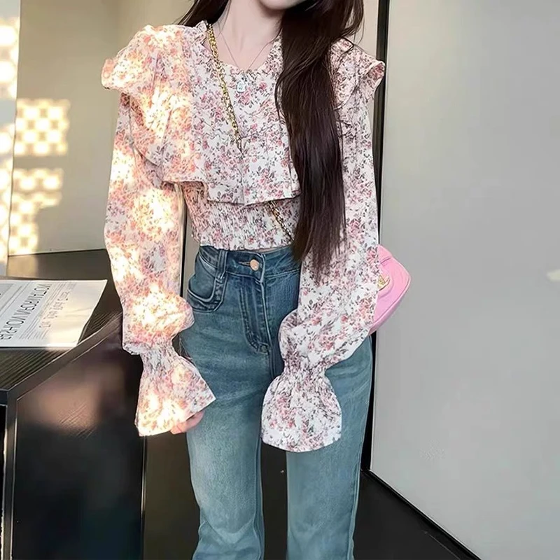 Floral Ruffles Pleated Sweet Short Blouse  Ƿ  ο  Ҹ o  Ʈ м  ž  Ƽ