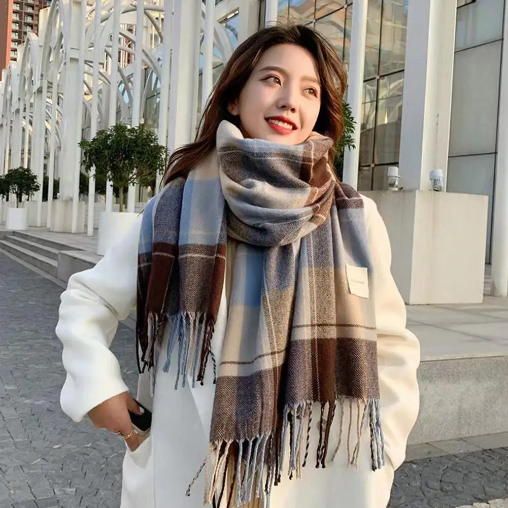 Colored Scarf Winter Scarf with Tassel Stylish Plaid Print Warm Windproof Lady Neck Wrap Shawl for Weather Plaid Patterned Scarf