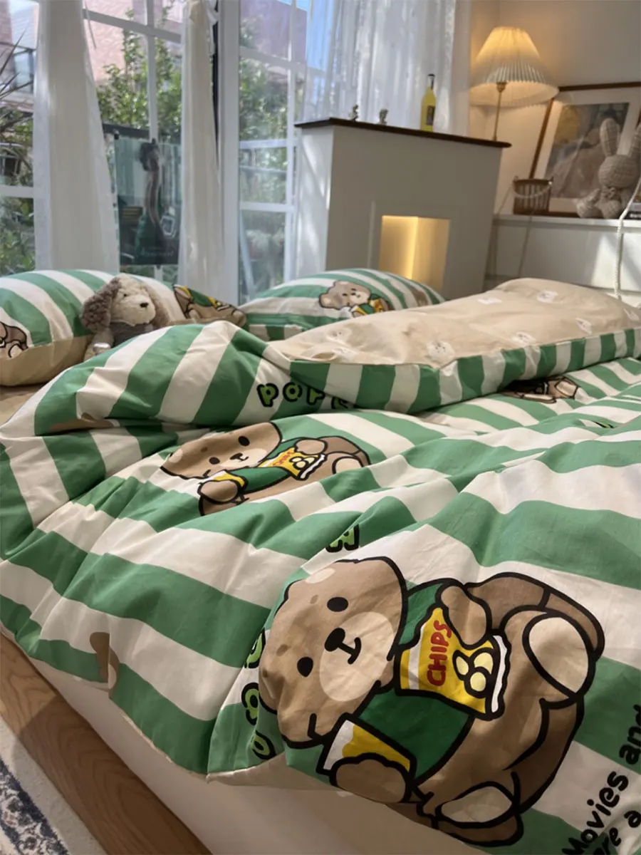 

Cute bear green stripes bedding set kid teen,twin full queen king lovely cotton home textile bed sheet pillow case quilt cover