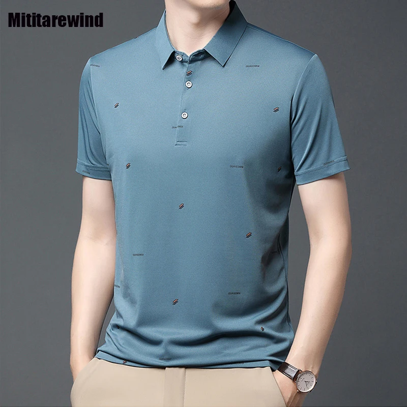

Summer Smart Casual New Men Polo Shirt Short Sleeve Turn Down Collar Ice Silk Print Tshirt Korean Fashion Tees Polos Para Hombre
