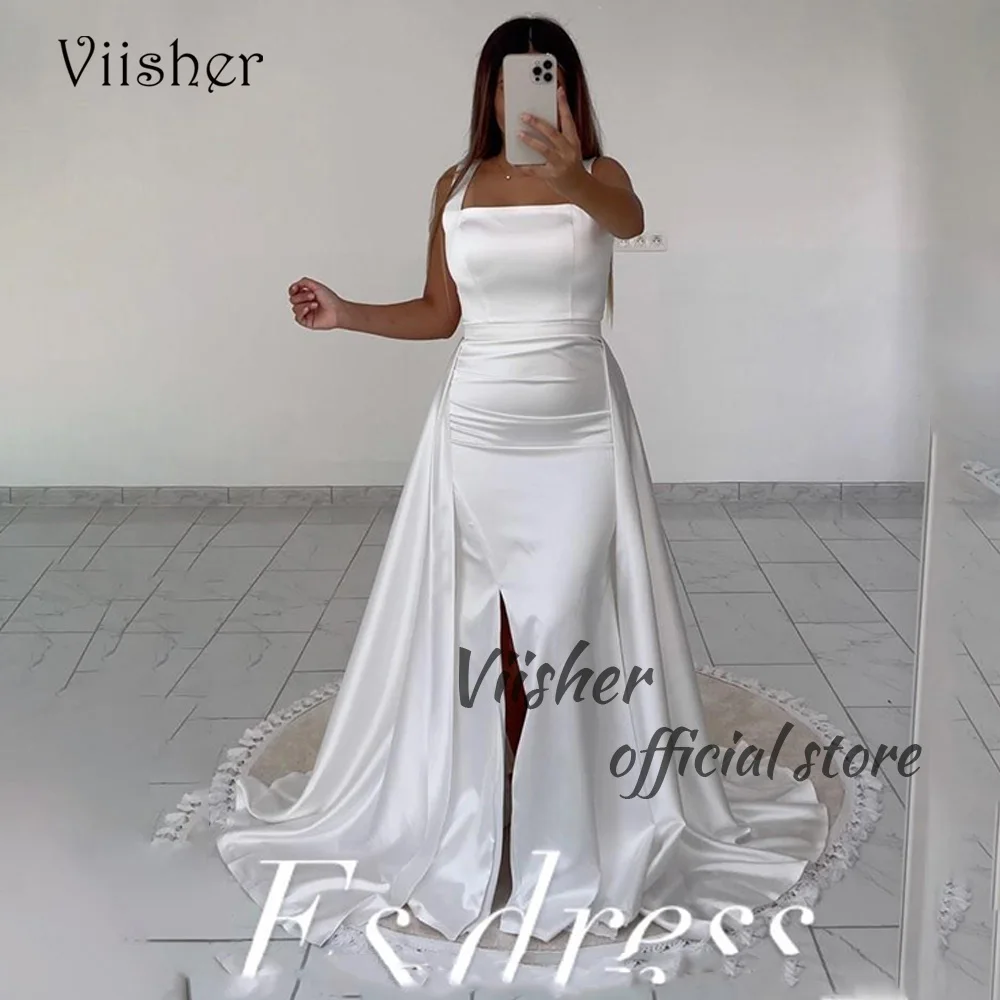 

Viisher White Mermaid Evening Dresses with Slit Pleats Satin Long Tight Formal Prom Dress Dubai Evening Party Gowns