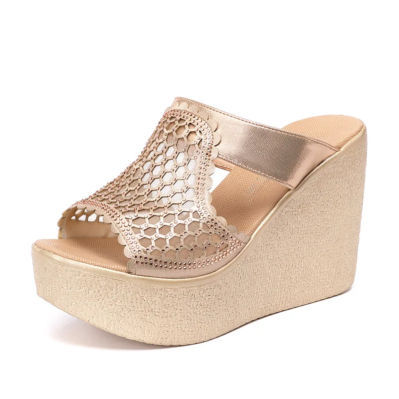 YeddaMavis Gold Slippers 11CM High Heel Sandals For Women Sandals New Summer Peep Toe Lace Mesh Wedge Heels Sandal Women Shoes