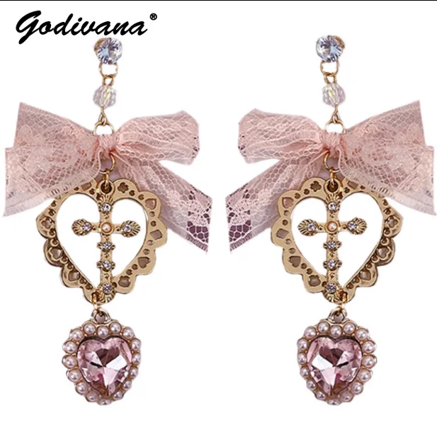 

Sweet Japanese Mass-Produced Mine Series Eardrops Ear Clips Lace Cross Silver Needle Lolita Kawaii Girls Stud Earrings Eardrops