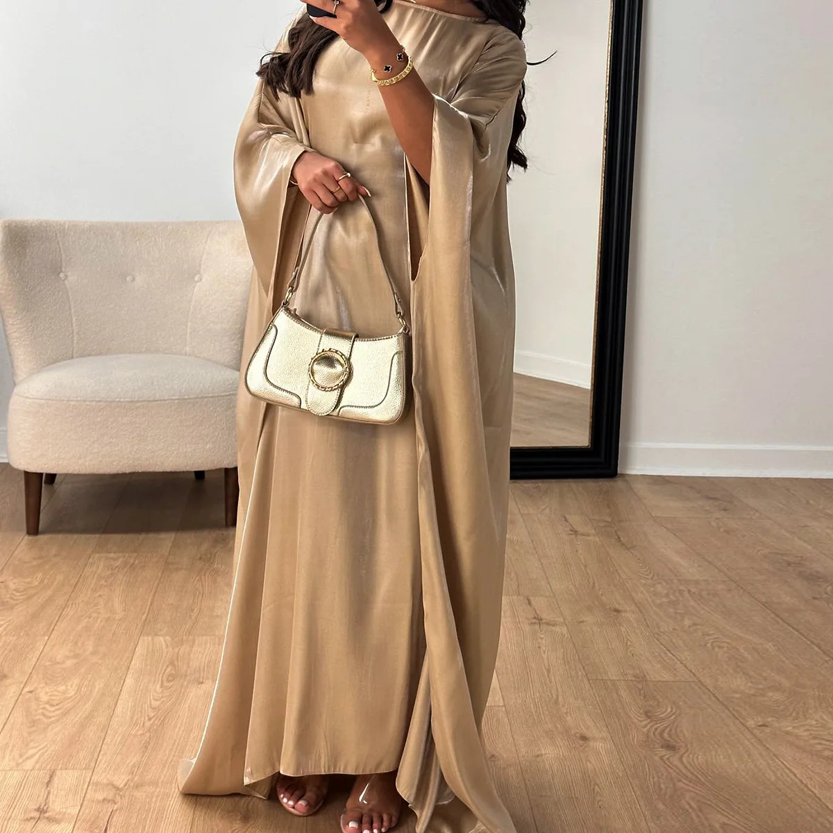 

Party Dubai Kaftan Dress Shiny Muslim Women Built-in Waist Belt Islamic Clothing Evening Gown Turkish Caftan Ramadan Eid Abaya